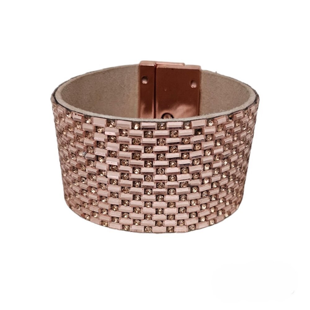 💥Wide Leather Baguette Gemstone Bead Rose Gold With Twist Clasp Cuff Bracelet